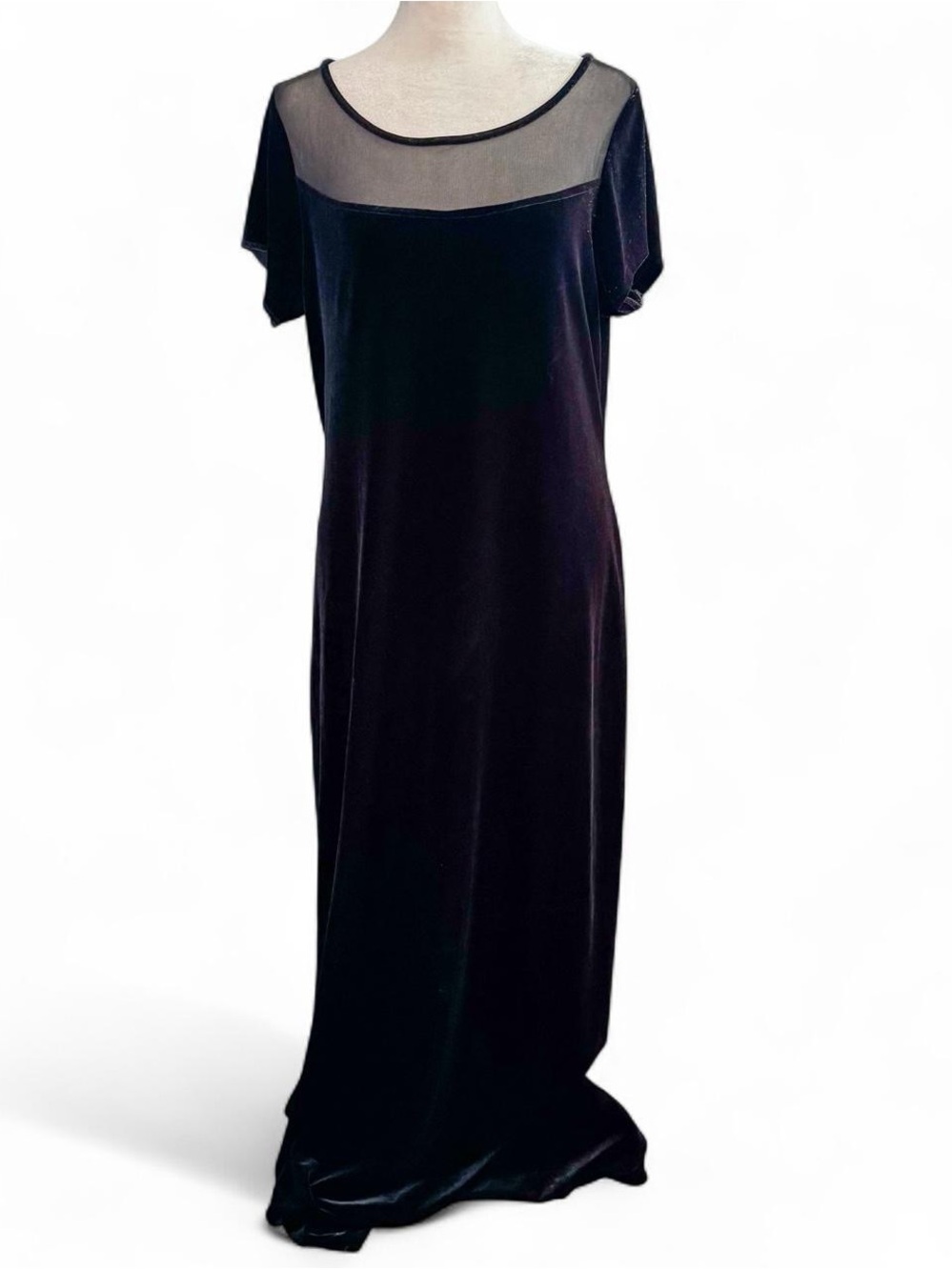 Vintage Byer Studio Black Velvet Maxi Dress Size 12 — Sheer Mesh Neckline
